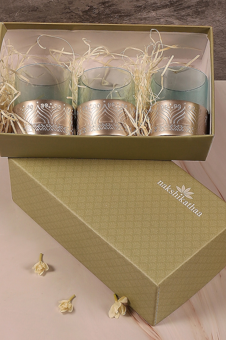 Silver-Plated Metal & Iron Hand Etched Votive Gift Set by Nakshikathaa at Pernia's Pop Up Shop