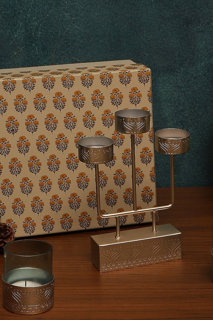 Silver-Plated Metal Hand Etched Tea-lIght Stand & Votives Gift Set by Nakshikathaa at Pernia's Pop Up Shop