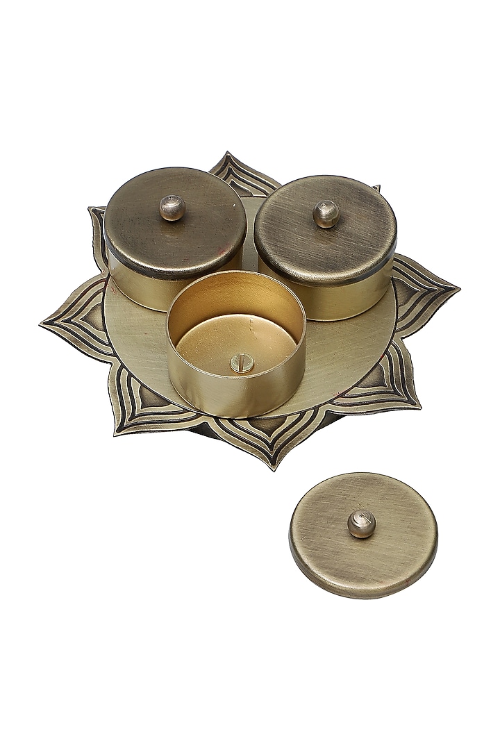 Antique Gold Brass Hand Etched Divinity Gift Set by Nakshikathaa at Pernia's Pop Up Shop