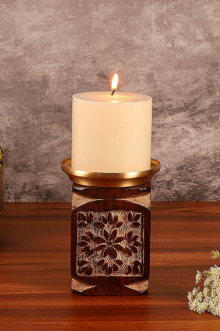 Brown Mango Wood Hand Carved Candle Stand by Nakshikathaa