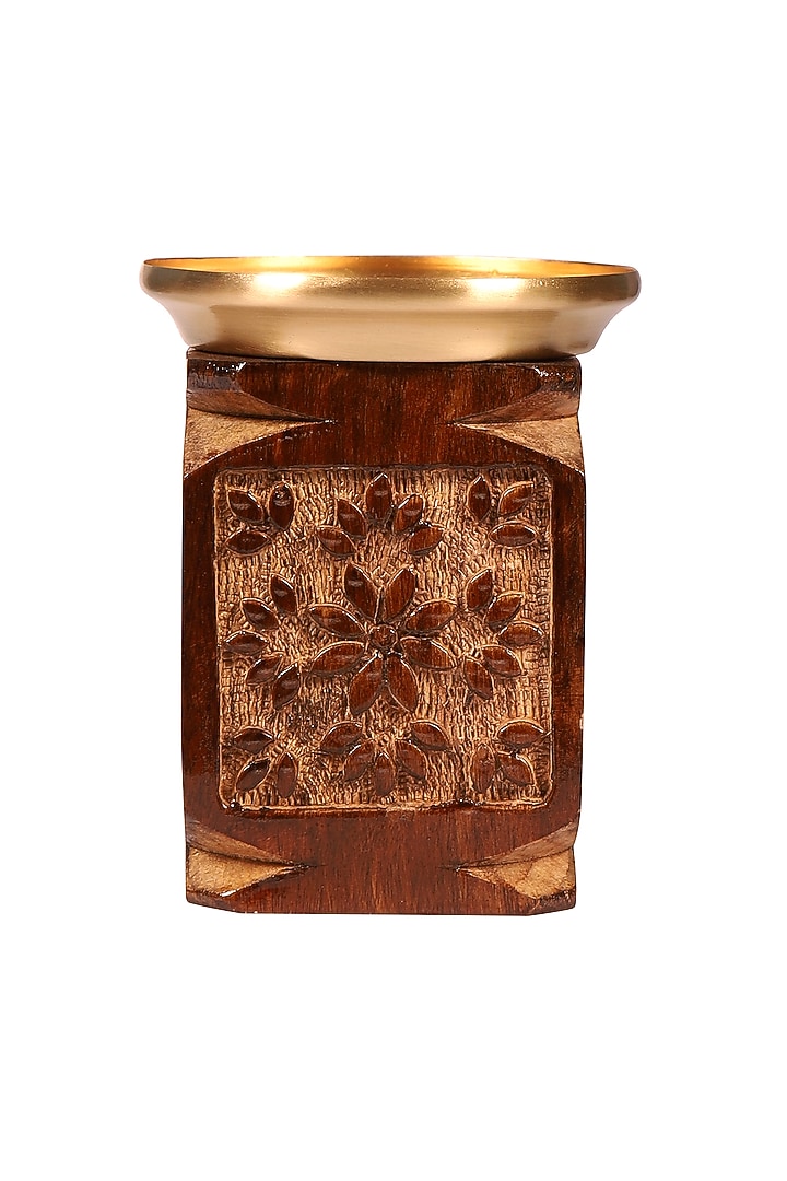 Brown Mango Wood Hand Carved Candle Stand by Nakshikathaa at Pernia's Pop Up Shop