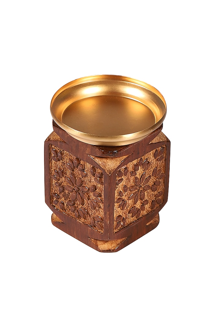 Brown Mango Wood Hand Carved Candle Stand by Nakshikathaa at Pernia's Pop Up Shop