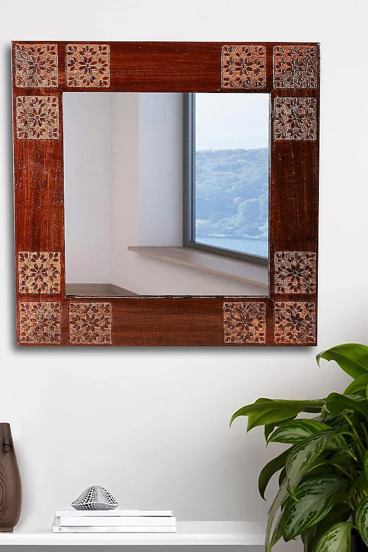 Brown Mango Wood Hand Carved Wall Mirror by Nakshikathaa