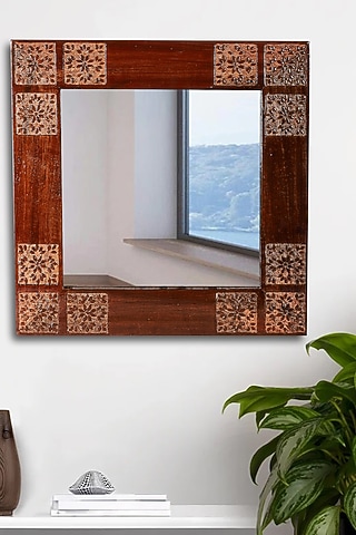 Brown Mango Wood Hand Carved Wall Mirror by Nakshikathaa