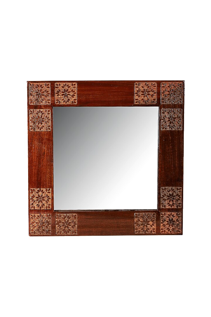 Brown Mango Wood Hand Carved Wall Mirror by Nakshikathaa at Pernia's Pop Up Shop