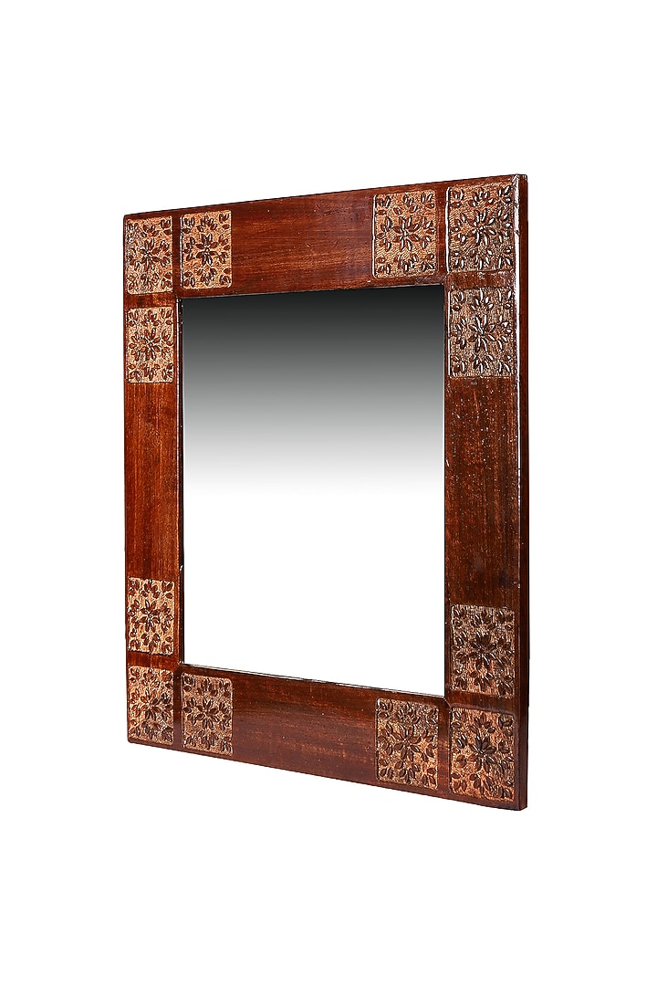 Brown Mango Wood Hand Carved Wall Mirror by Nakshikathaa at Pernia's Pop Up Shop