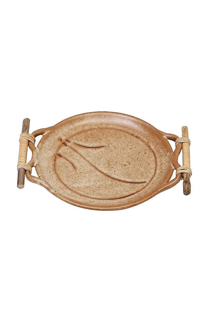 Beige Studio Pottery Round Platter With Cane Handle by Nakshikathaa at Pernia's Pop Up Shop
