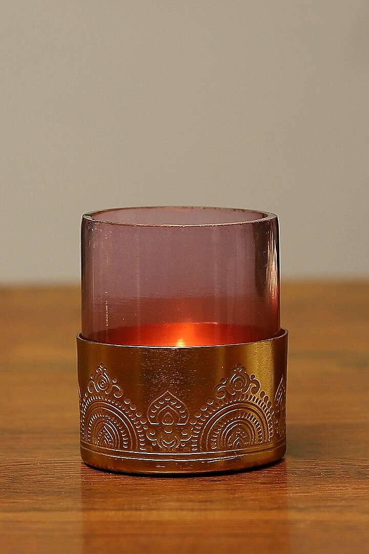 Brass Plated Hand Etched Votives (Set of 4) by Nakshikathaa at Pernia's Pop Up Shop