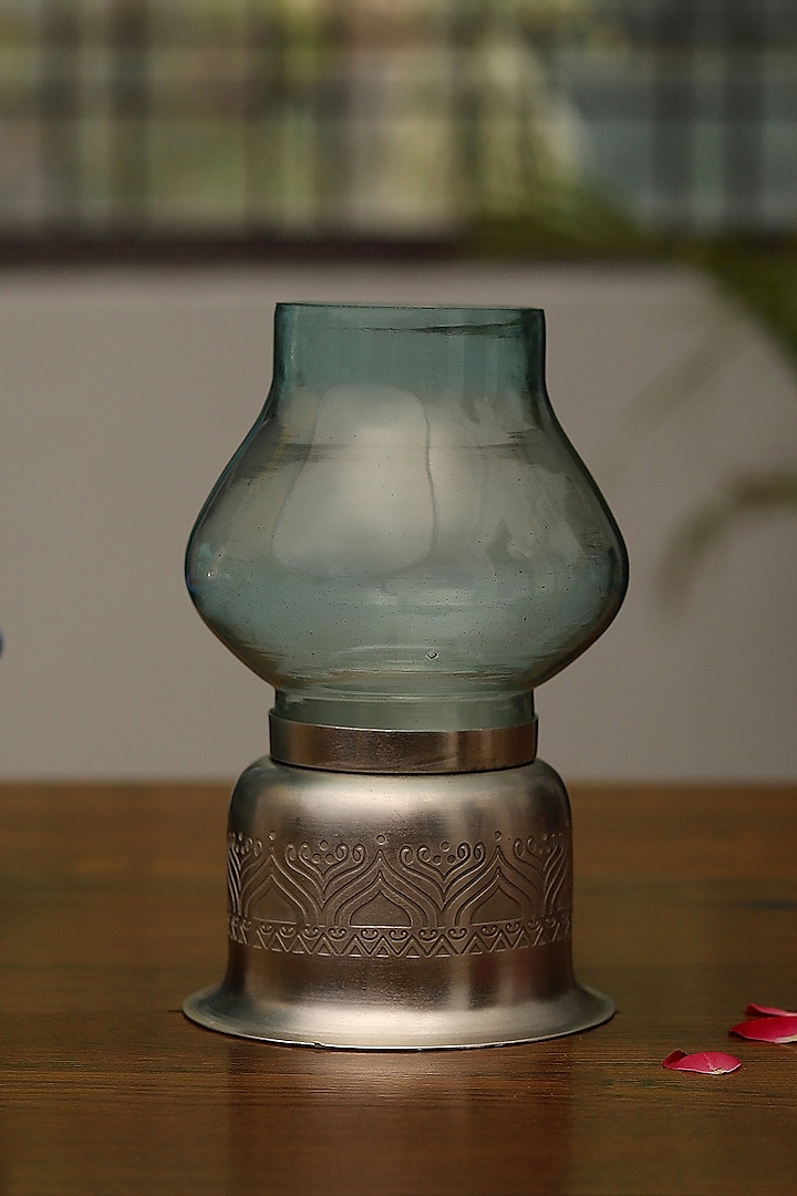 Silver Plated Candle Base With Blue Glass Chimney by Nakshikathaa