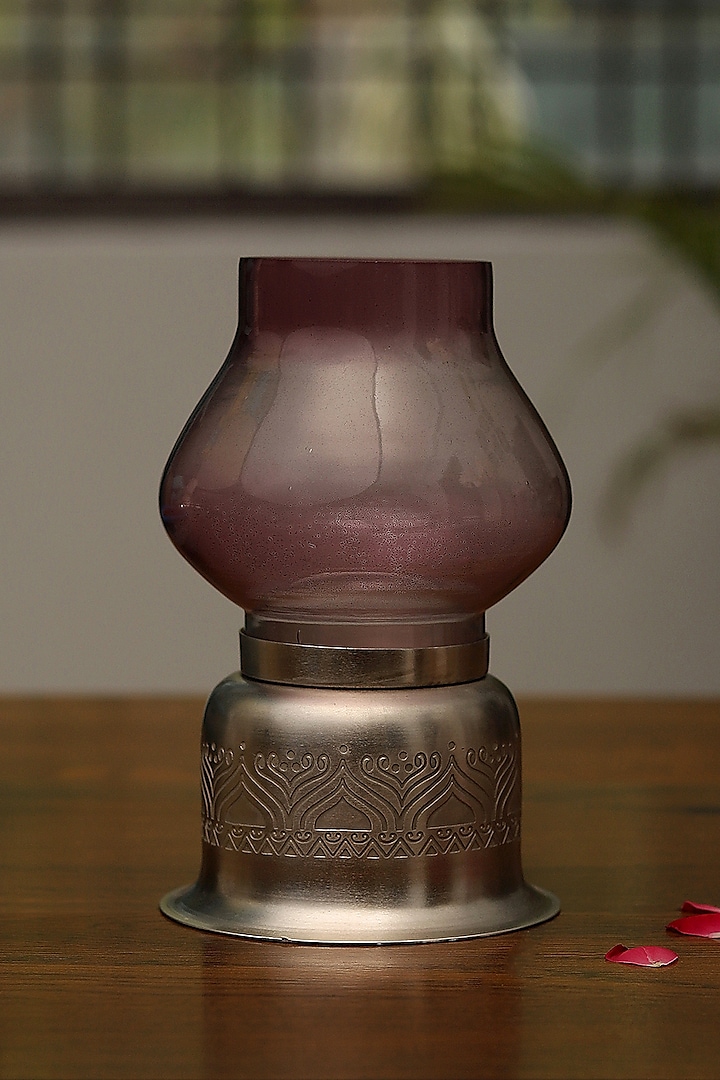 Silver Plated Candle Base With Purple Glass Chimney by Nakshikathaa at Pernia's Pop Up Shop