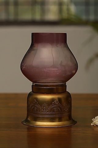 Silver Plated Candle Base With Purple Glass Chimney by Nakshikathaa