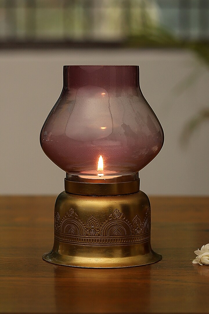 Silver Plated Candle Base With Purple Glass Chimney by Nakshikathaa at Pernia's Pop Up Shop