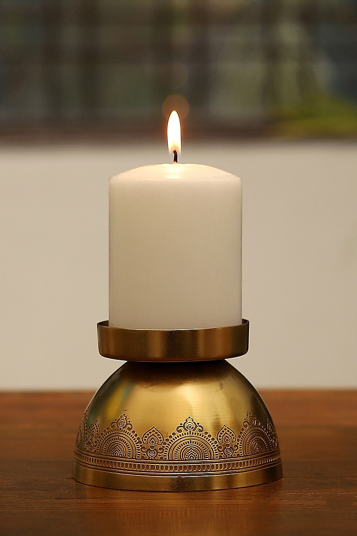 Brass Plated Hand Etched Candle Stand by Nakshikathaa