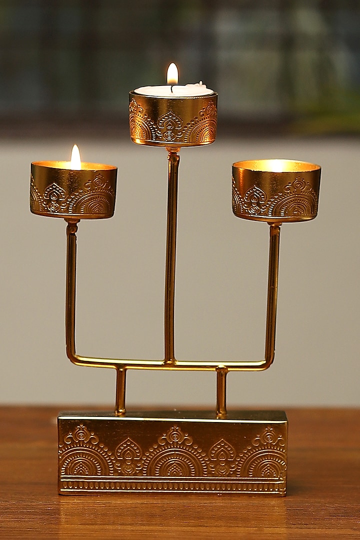 Brass Plated Hand Etched Tea Light Stand by Nakshikathaa