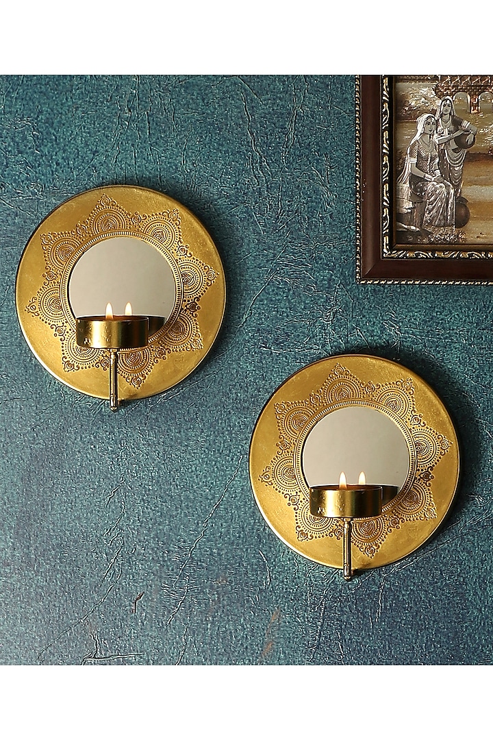 Brass Plated Hand Etched Wall Sconce (Set of 2) by Nakshikathaa