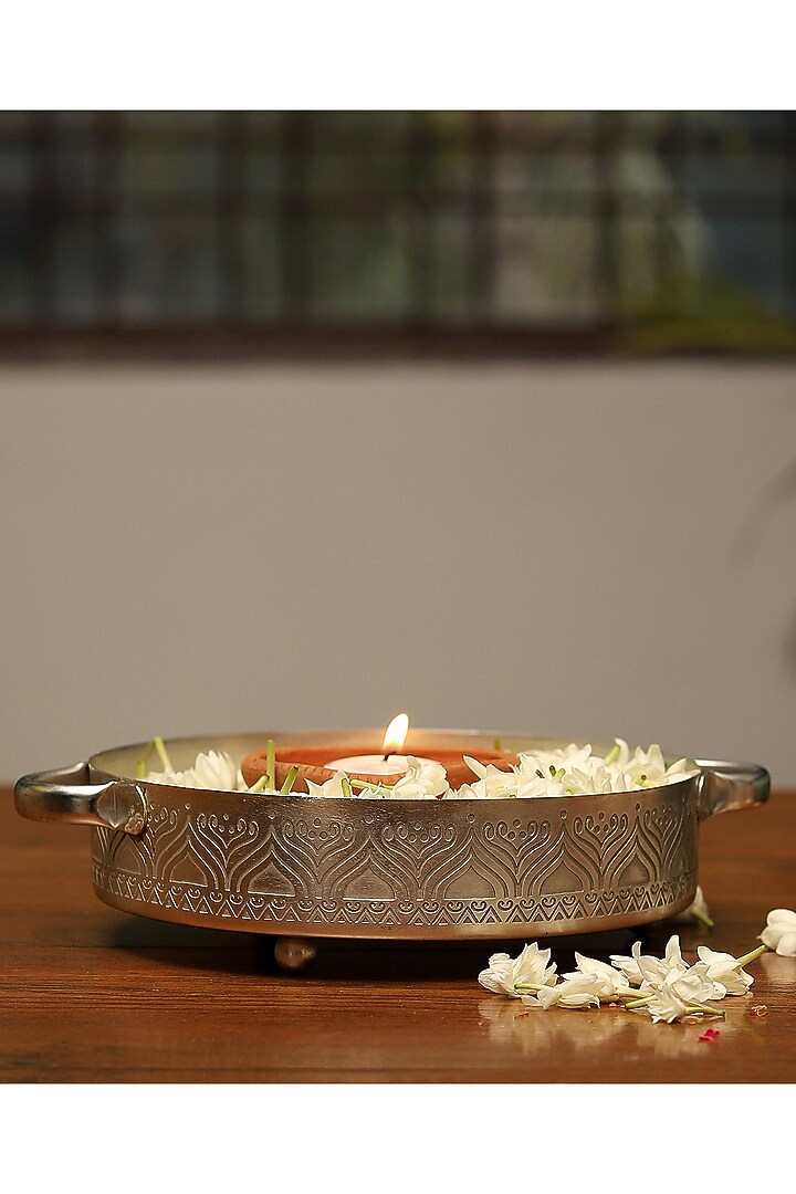 Silver Plated Hand Etched Candle Tray by Nakshikathaa at Pernia's Pop Up Shop