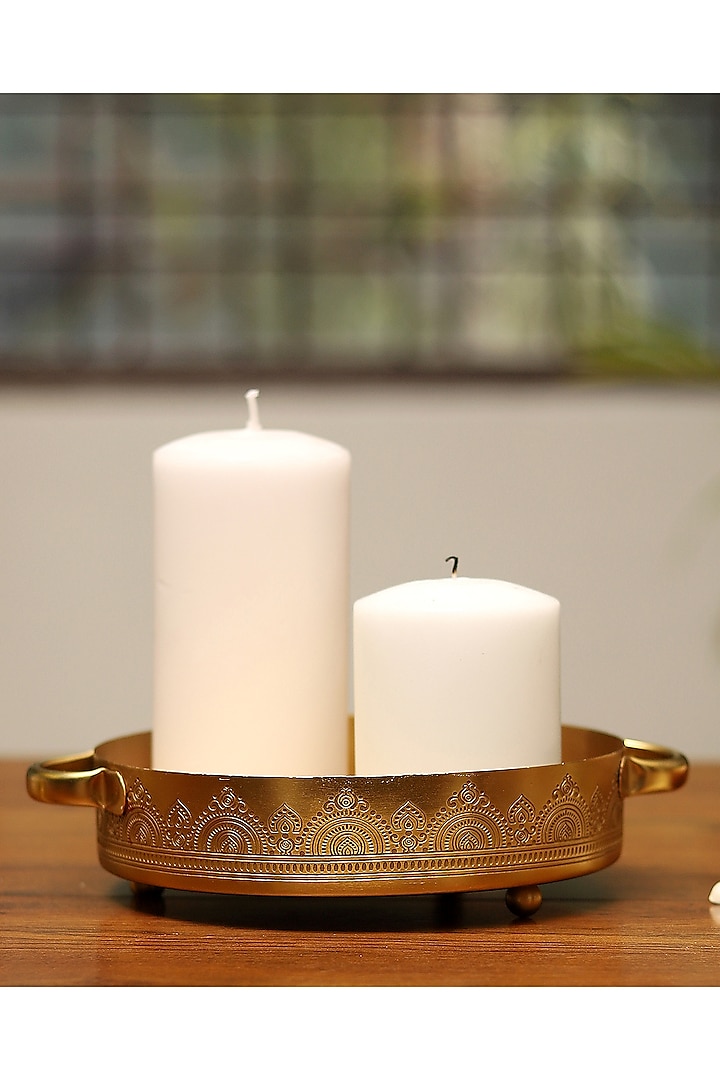 Brass Plated Hand Etched Candle Small Tray by Nakshikathaa