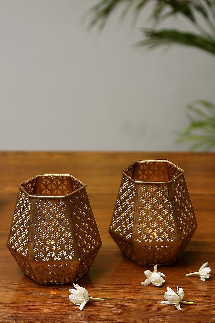 Gold Hand Etched Votives (Set of 2) by Nakshikathaa