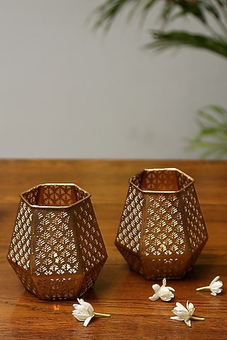 Gold Hand Etched Votives (Set of 2) by Nakshikathaa
