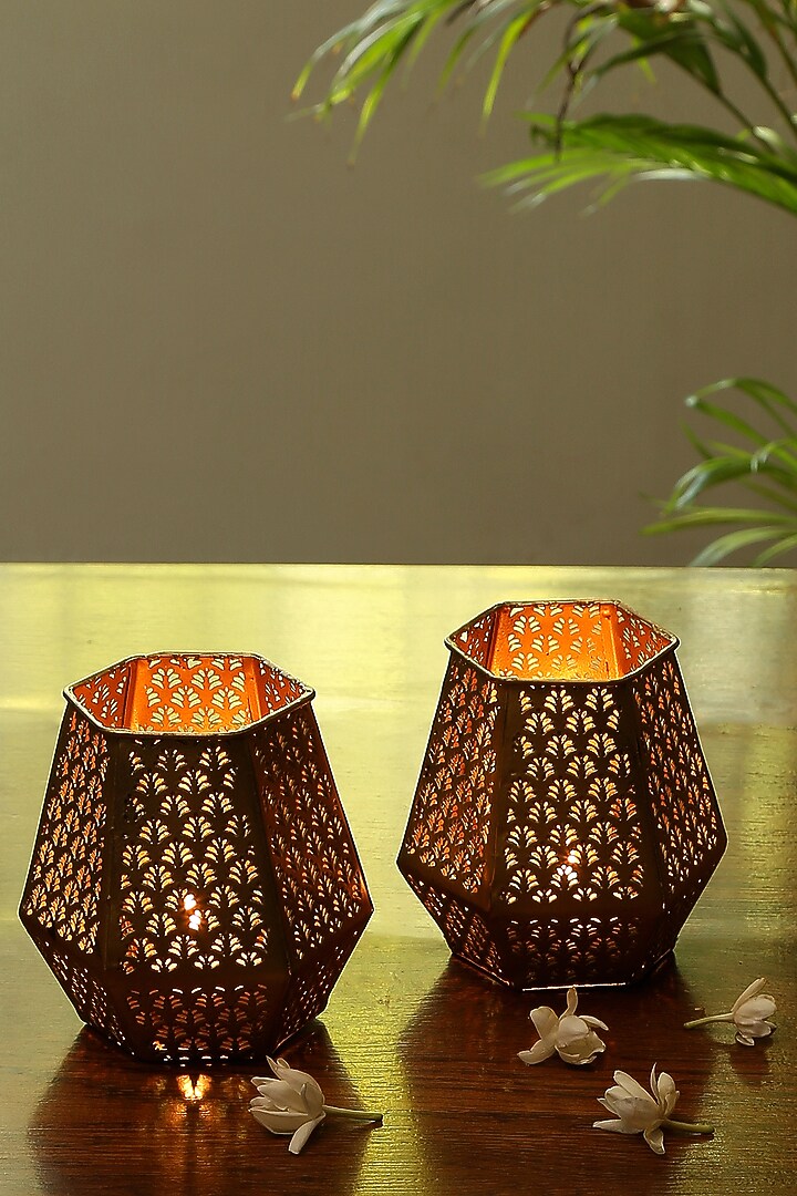 Gold Hand Etched Votives (Set of 2) by Nakshikathaa at Pernia's Pop Up Shop