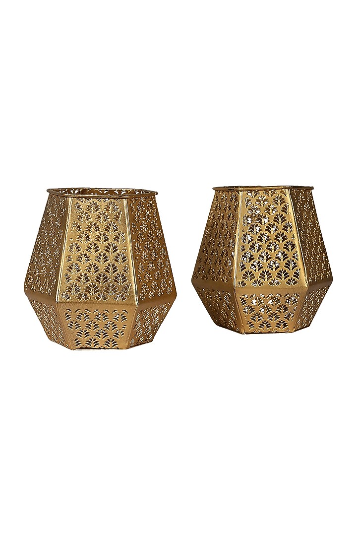 Gold Hand Etched Votives (Set of 2) by Nakshikathaa at Pernia's Pop Up Shop