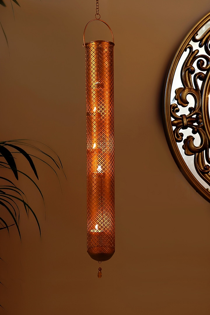 Gold Hand Crafted Hanging Tea Light Holder by Nakshikathaa at Pernia's Pop Up Shop
