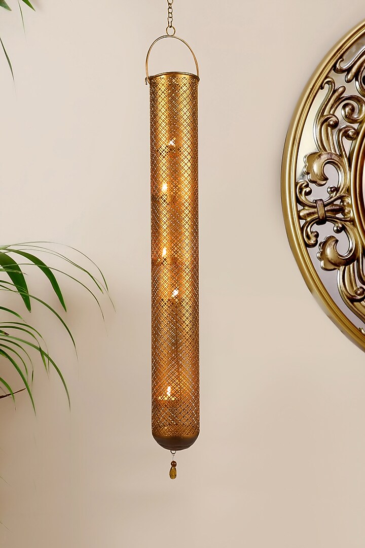 Gold Hand Crafted Hanging Tea Light Holder by Nakshikathaa at Pernia's Pop Up Shop