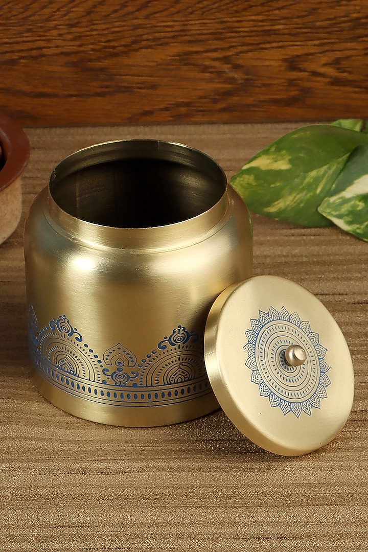 Gold & Blue Dohar Brass Jar by Nakshikathaa at Pernia's Pop Up Shop