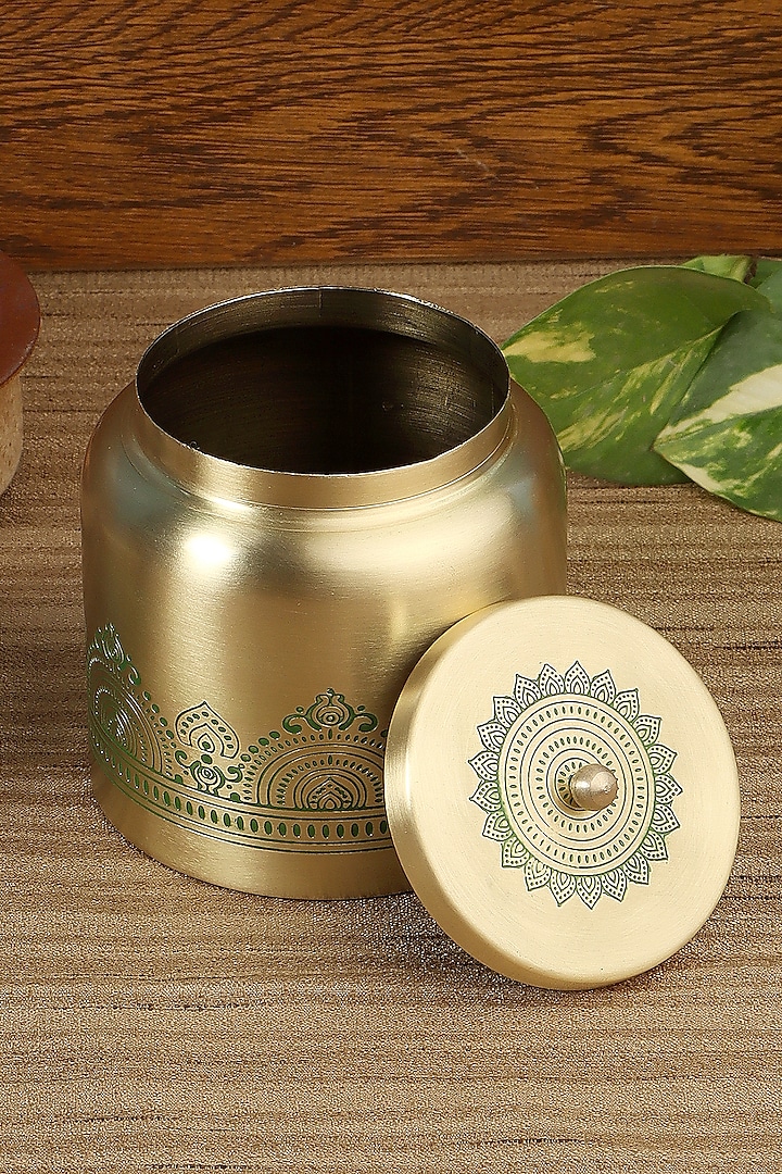Gold & Green Dohar Brass Jar by Nakshikathaa