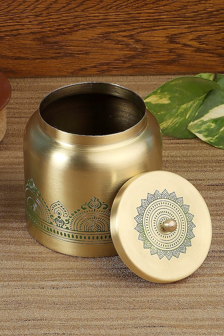 Gold & Green Dohar Brass Jar by Nakshikathaa at Pernia's Pop Up Shop