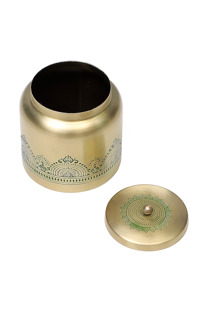 Gold & Green Dohar Brass Jar by Nakshikathaa at Pernia's Pop Up Shop