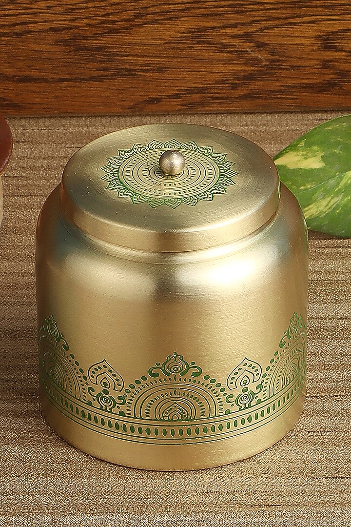 Gold & Green Dohar Brass Jar by Nakshikathaa at Pernia's Pop Up Shop