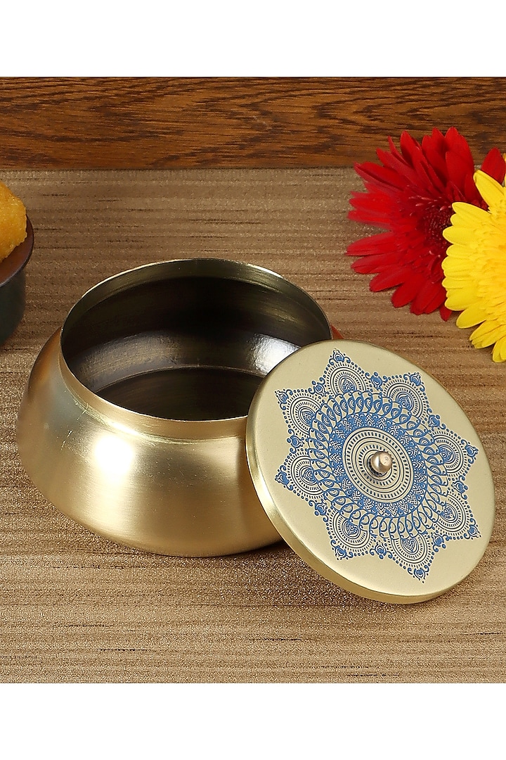Gold & Blue Dohar Brass Flat Base Jar by Nakshikathaa