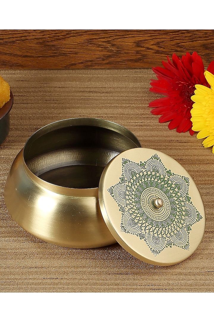 Gold & Green Dohar Brass Flat Base Jar by Nakshikathaa
