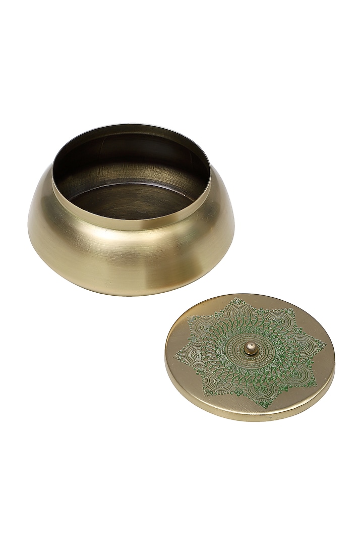 Gold & Green Dohar Brass Flat Base Jar by Nakshikathaa at Pernia's Pop Up Shop