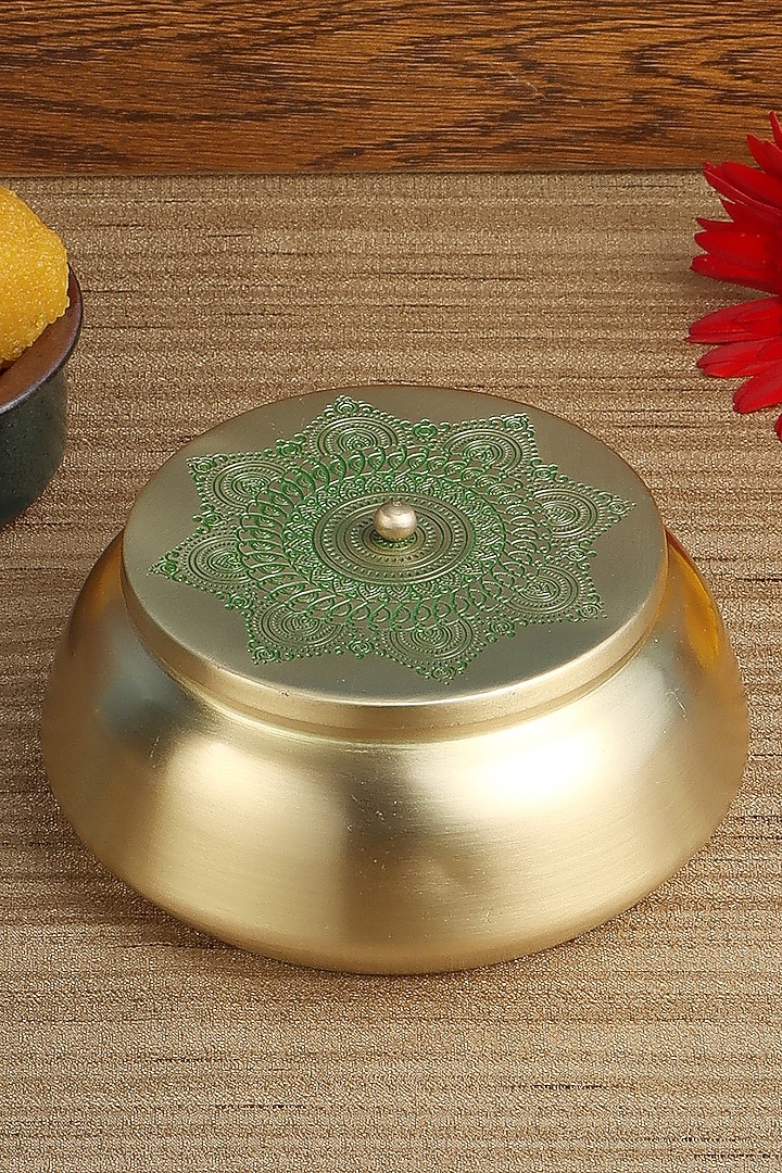 Gold & Green Dohar Brass Flat Base Jar by Nakshikathaa at Pernia's Pop Up Shop