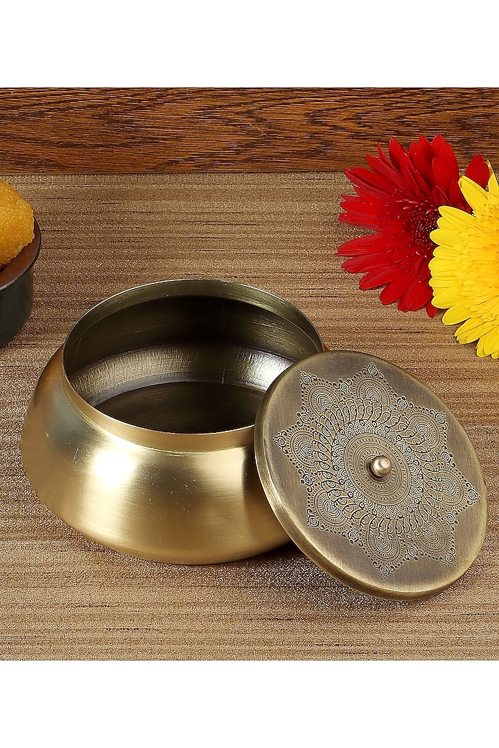Gold Dohar Brass Flat Base Jar by Nakshikathaa
