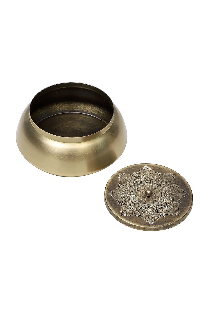 Gold Dohar Brass Flat Base Jar by Nakshikathaa at Pernia's Pop Up Shop