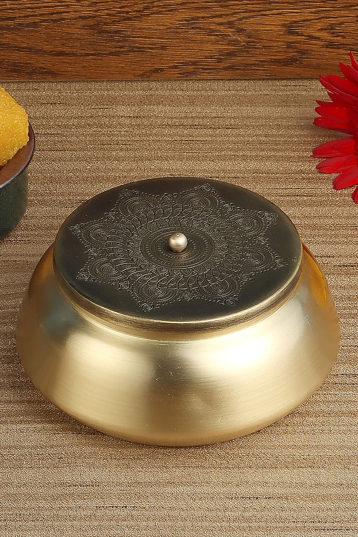 Gold Dohar Brass Flat Base Jar by Nakshikathaa at Pernia's Pop Up Shop