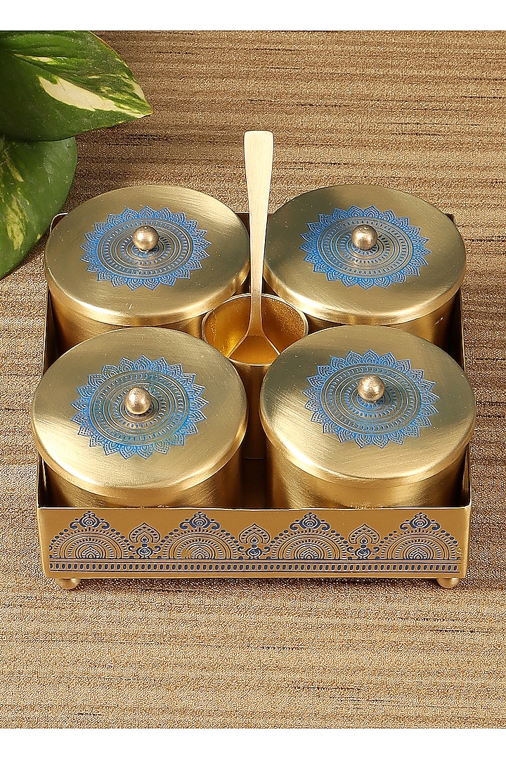 Gold & Blue Dohar Brass Condiment Jar Set by Nakshikathaa