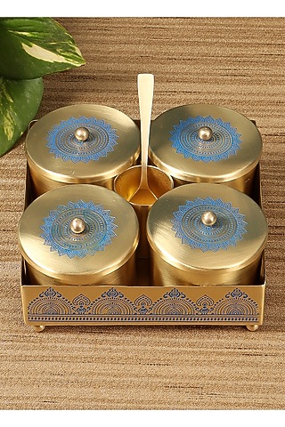 Gold & Blue Dohar Brass Condiment Jar Set by Nakshikathaa
