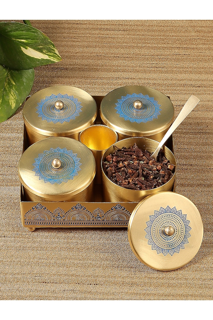 Gold & Blue Dohar Brass Condiment Jar Set by Nakshikathaa at Pernia's Pop Up Shop