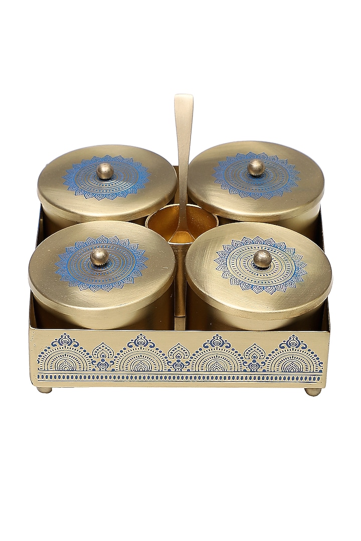 Gold & Blue Dohar Brass Condiment Jar Set by Nakshikathaa at Pernia's Pop Up Shop