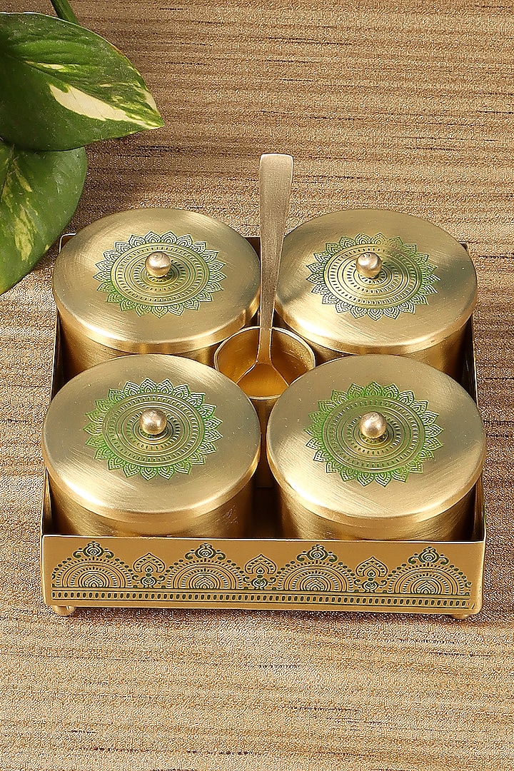 Gold & Green Dohar Brass Condiment Jar Set by Nakshikathaa