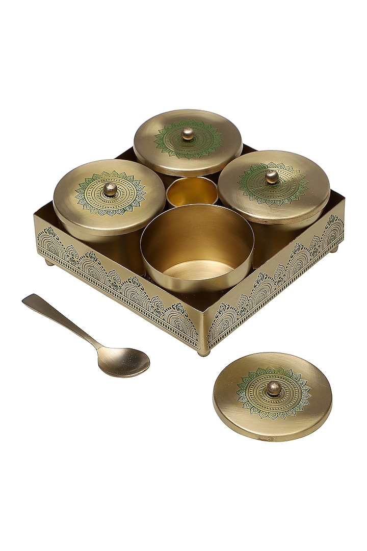 Gold & Green Dohar Brass Condiment Jar Set by Nakshikathaa at Pernia's Pop Up Shop