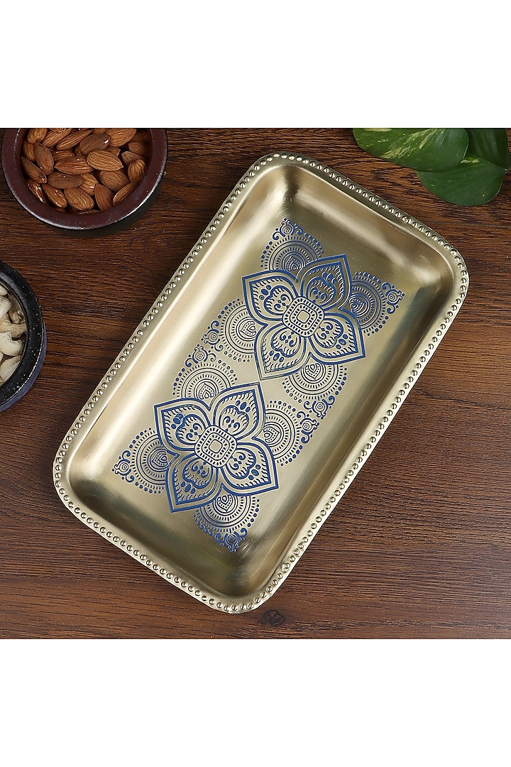 Gold & Blue Dohar Brass Rectangular Tray by Nakshikathaa