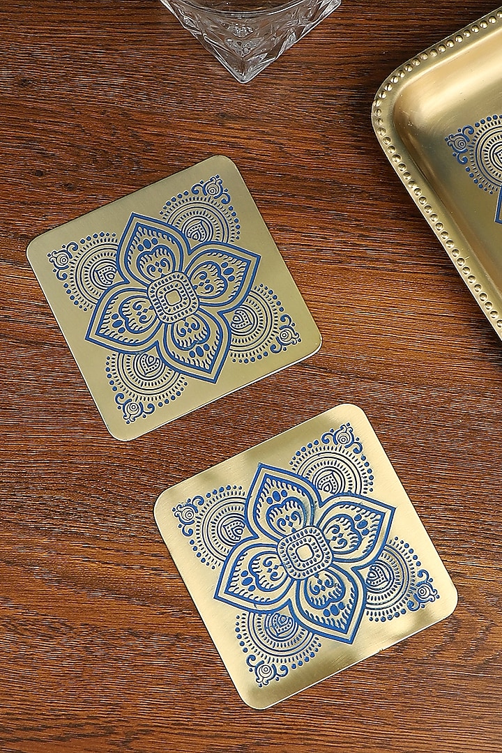 Gold & Blue Dohar Brass Square Coasters (Set of 2) by Nakshikathaa