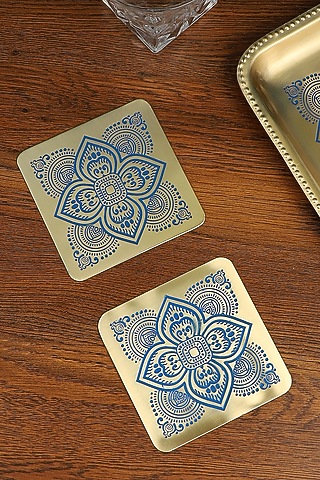 Gold & Blue Dohar Brass Square Coasters (Set of 2) by Nakshikathaa