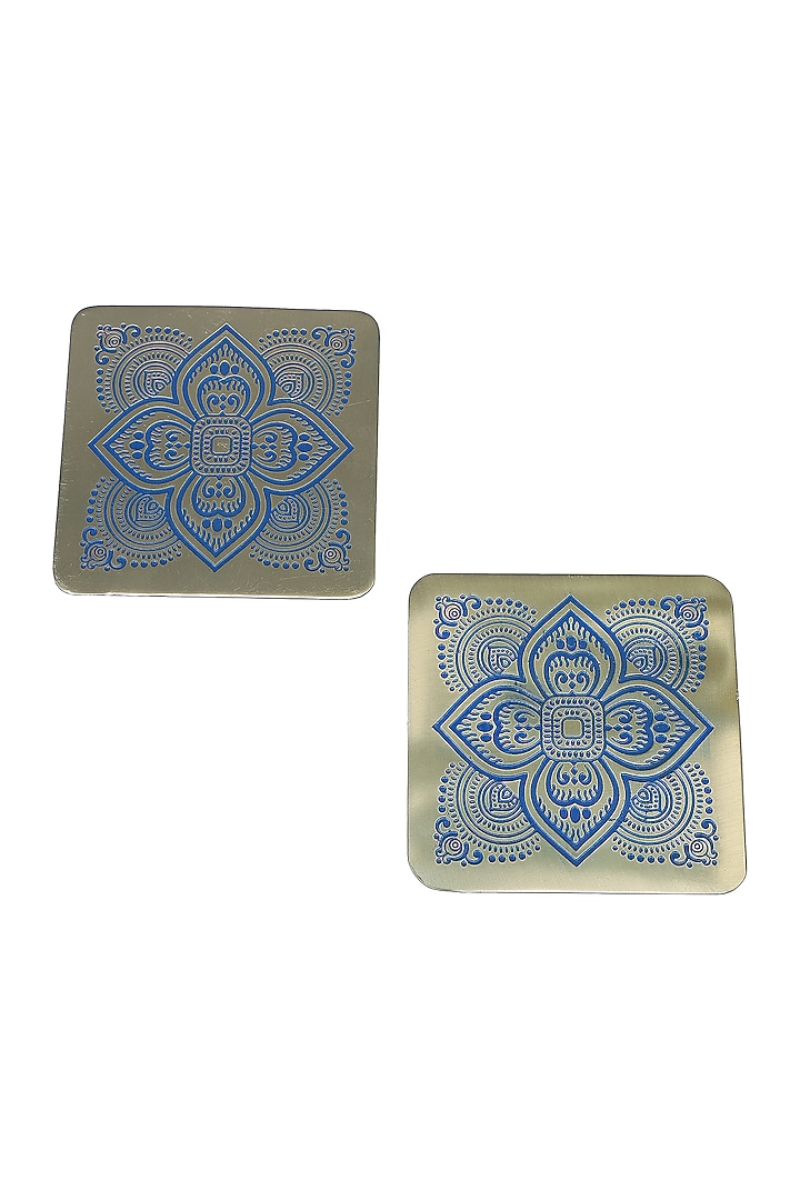 Gold & Blue Dohar Brass Square Coasters (Set of 2) by Nakshikathaa at Pernia's Pop Up Shop