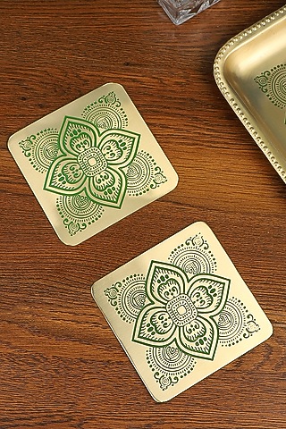 Gold & Green Dohar Brass Square Coasters (Set of 2) by Nakshikathaa